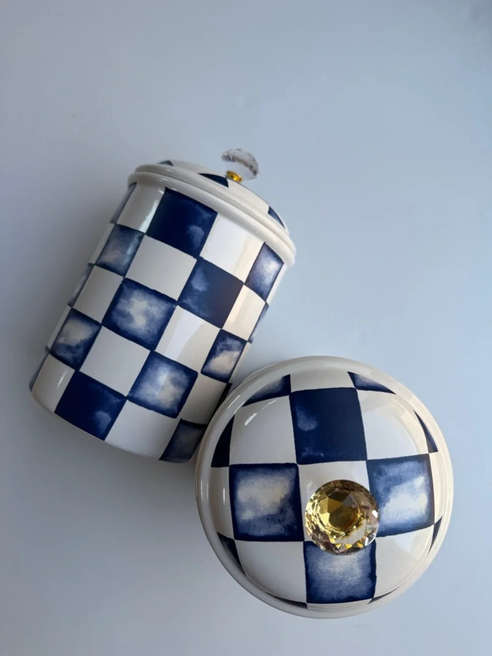Blue & White Checkered Ceramic Canister with Clear Knob on Lid